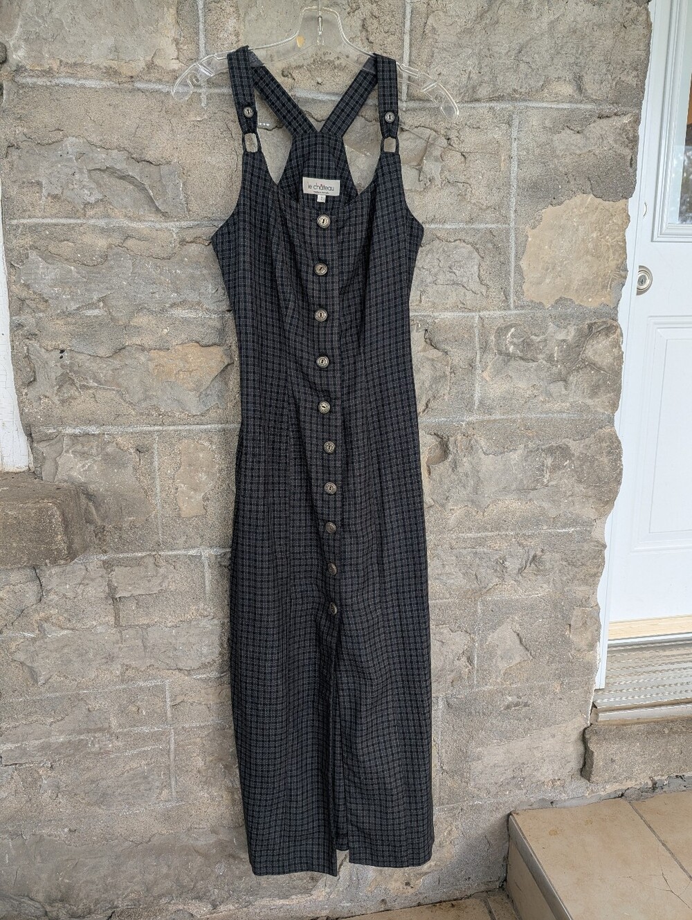 Vintage Y2k Le Chateau Black Check Button-Front Pinafore Dress